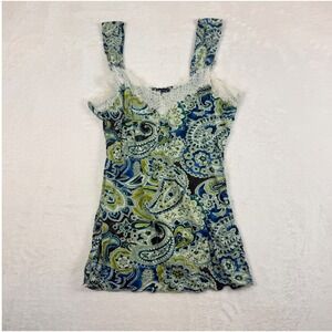 Y2K Banana Republic Blue Green Paisley Lace Trim Camisole Tank Top M Boho